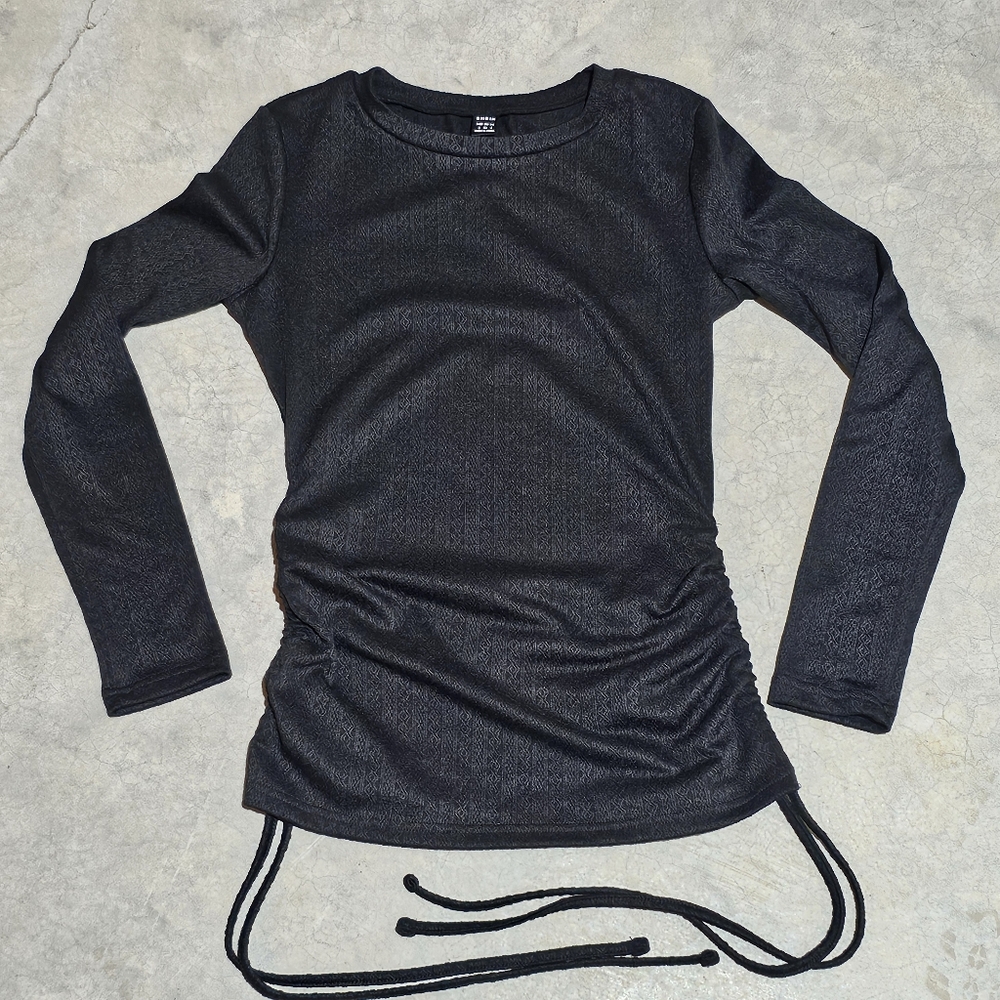 Shein Sz 4 Black Long Sleeve Ruched Top Adjustable Tie Strings
